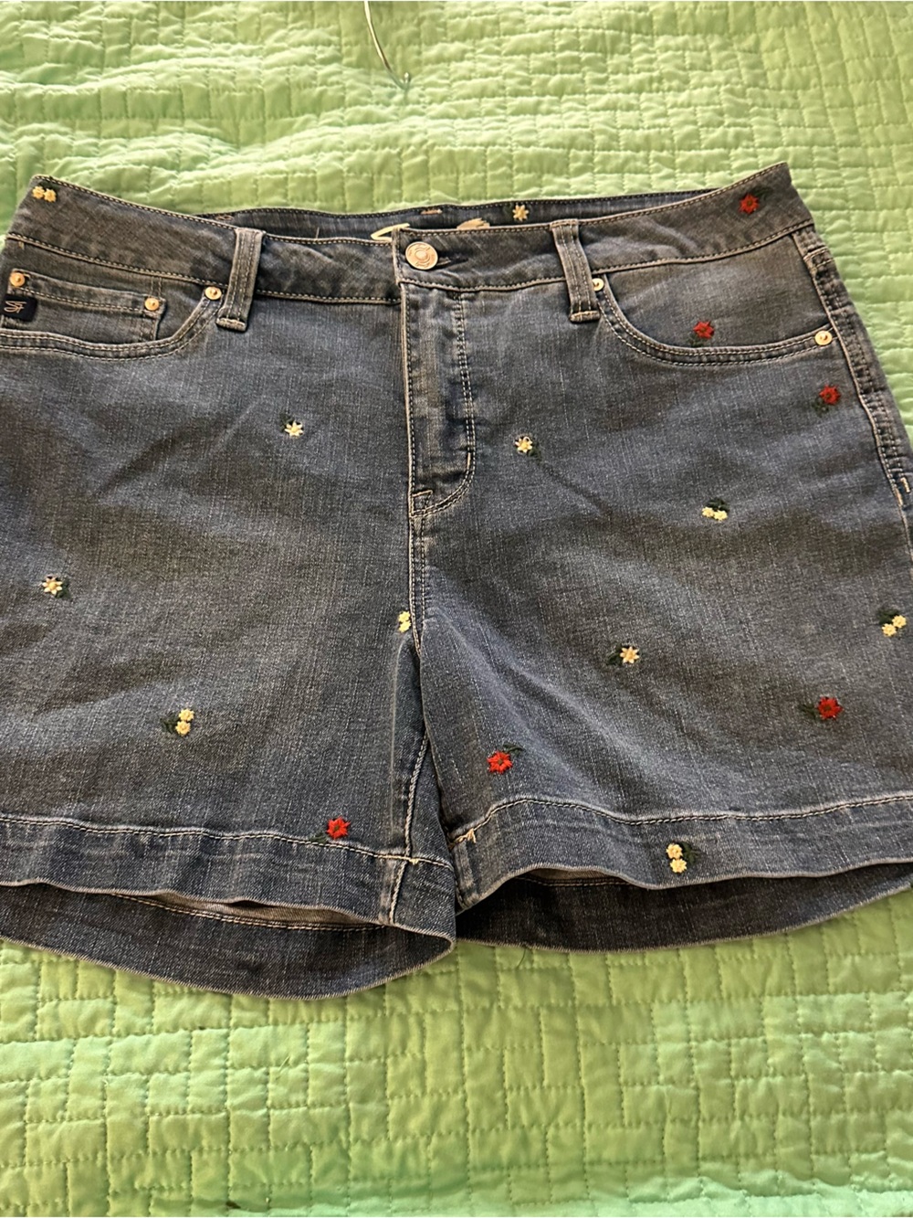 Seven7 Blue Denim Shorts with Small Red Embroidery